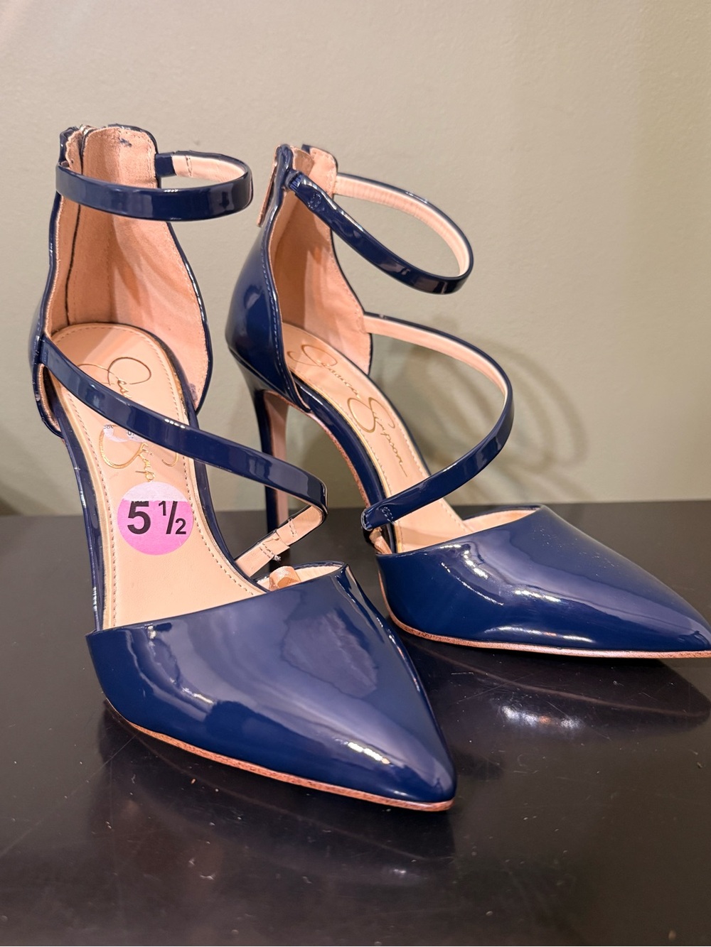 Jessica Simpson Navy Patent Pointed-Toe Ankle-Strap Heels